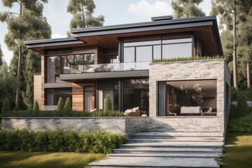 Modern Wood And Stone House In Wooded Setting