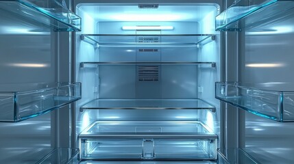 Empty refrigerator with bright interior and clear shelves in a modern kitchen
