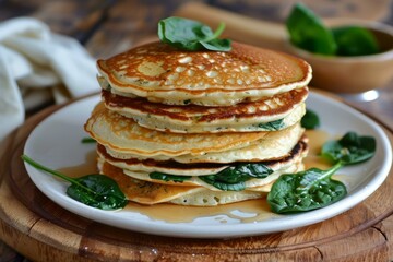 Stack of spinach pancakes with maple syrup on white plate