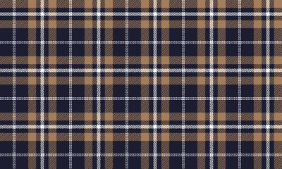 Plaid fabric pattern, navy blue, yellow, white, seamless for textiles, and for designing everyday clothes, skirts, pants or decorative fabrics. Vector illustration.