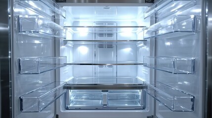 Empty refrigerator interior with bright lighting showing organized shelves and drawers