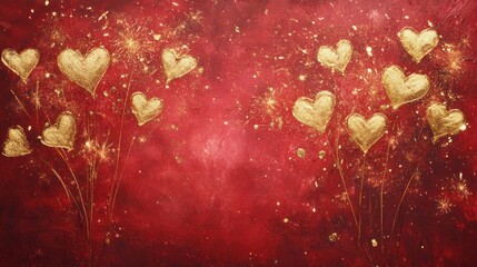 Golden heart-shaped fireworks bursting beautifully across a deep red canvas, creating a romantic and celebratory New Year's scene.