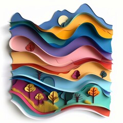 Obraz premium Colorful paper art depicting layered hills, trees, and a full moon