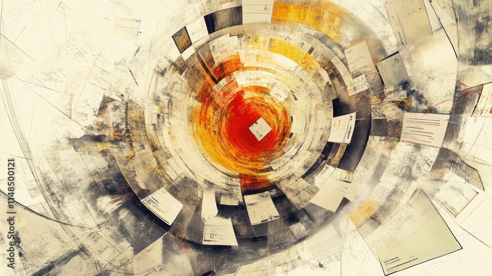 Poster Swirling vortex of documents and data in a dynamic abstract form. Generative AI