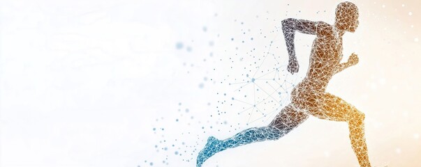 Athlete running dynamically. Tech tracks biomechanical analysis. Real-time analytics optimize sport performance. Wearable tech monitors results. Software enhances athlete health, efficiency. Data
