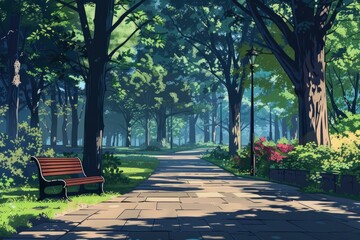 Empty bench inviting visitors to relax in peaceful city park