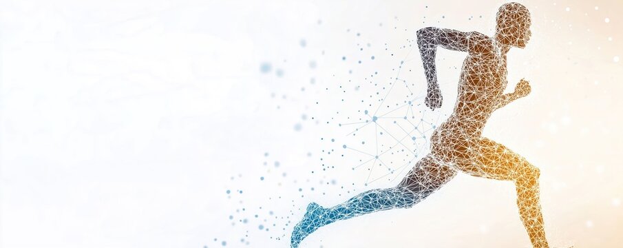 Athlete running dynamically. Tech tracks biomechanical analysis. Real-time analytics optimize sport performance. Wearable tech monitors results. Software enhances athlete health, efficiency. Data