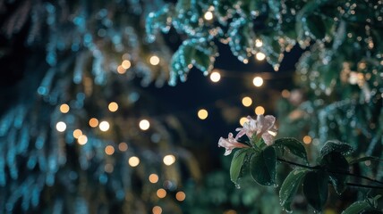 Nighttime Bloom Dew Drops Lights Background