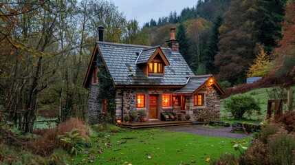 A compact small house with a cozy design, nestled in a picturesque countryside setting,
