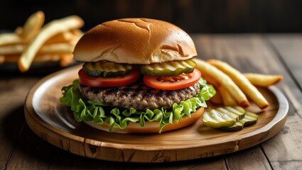 meat burger with vegetables with fries