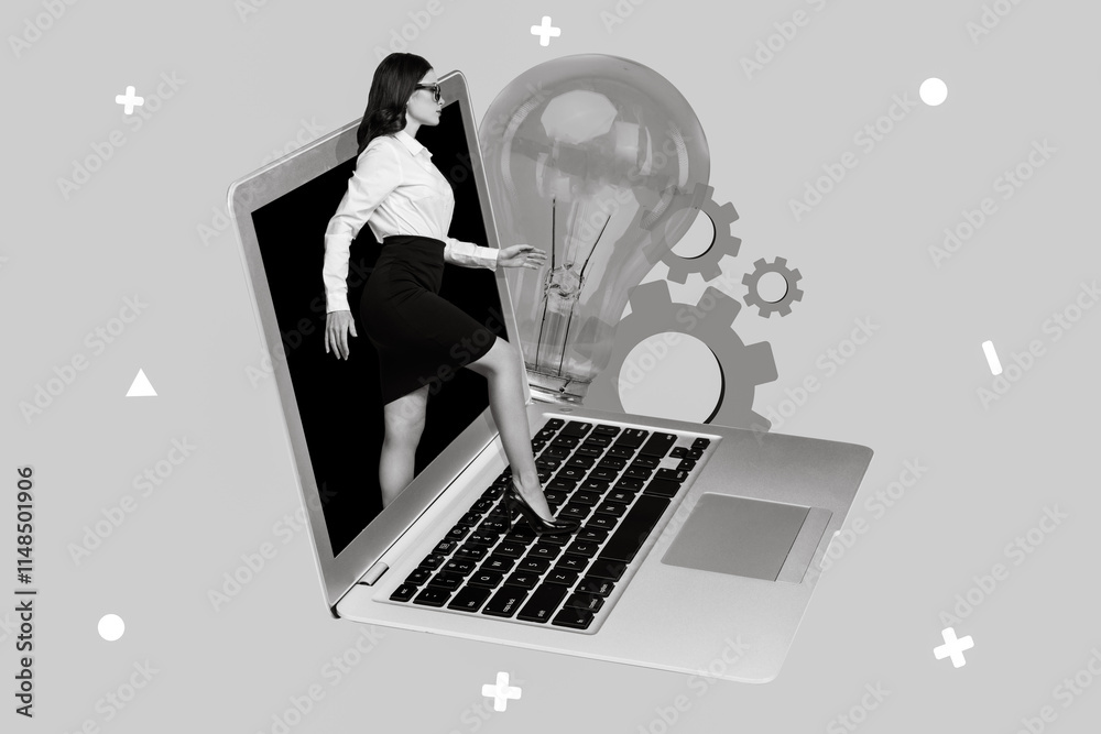 Poster Creative collage image of mini girl walk through netbook display light bulb configuration gear isolated on drawing background