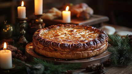 Naklejka premium Rustic puff pastry pie as centerpiece on holiday table with candles and greenery