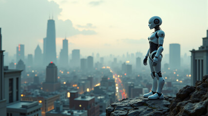A futuristic robot gazes at a sprawling city skyline during twilight, showcasing advanced design.