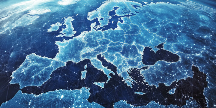 Abstract blue network map of Europe global data transfer concept digital illustration