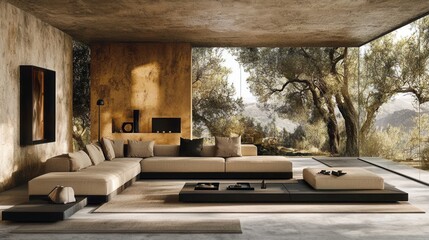 Modern Living Room with Minimalistic Design and Scenic Outdoor View