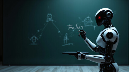 Obraz premium A futuristic robot teacher interacts with students in a modern classroom environment.