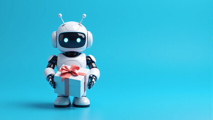 A charming robot holding a gift box, featuring bright blue eyes and a cheerful appearance.
