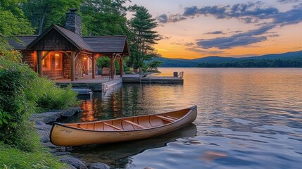 Lakeside Cabin Sunset With Canoe Awaiting Adventure