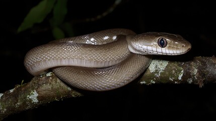 Fototapeta premium Close-Up of Brown Snake Coiled on Branch in Dark Tropical Forest at Night