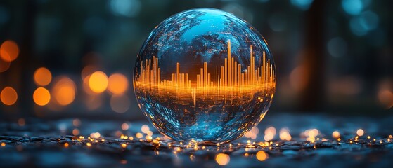 A crystal globe with a glowing financial backdrop, featuring digital graphs and market trends, embodying investment strategies and economic expansion