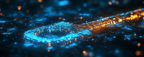 A digital key created from flowing binary code, illuminated in a virtual environment, signifying cybersecurity, encryption, and data security