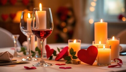 A romantic dinner setup with candles, wine glasses, and heart-shaped decorations.