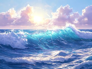 Fototapeta premium Dreamy,ocean,waves,vibrant,tones,shimmering,sunlight,soothing,illustrations,