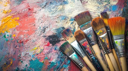 Obraz premium Artistic workspace with artist brushes and vibrant paints on textured canvas inviting creativity and expression. Generative AI