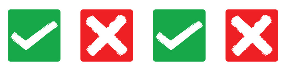 Obraz premium Green and red brush check mark icon set. Tick symbol in green color. Right and wrong buttons. Checkmark or checklist signs, approval badge. Vector illustration