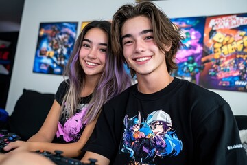 A geeky couple sitting on a couch, laughing as they play video games together, with pixel art posters decorating the wall