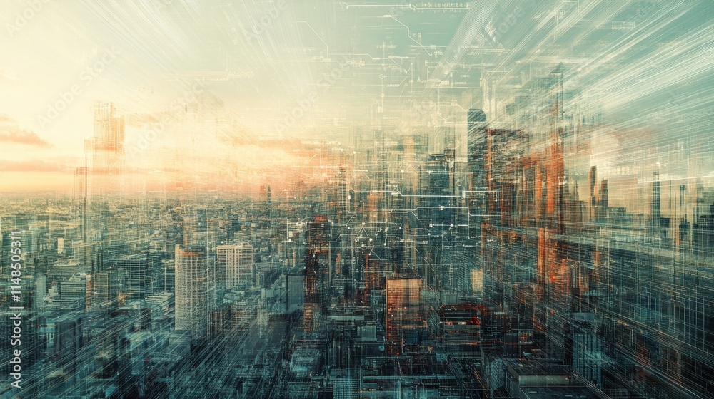 Aufkleber cityscape intertwining with digital neural network to highlight ai integration and urban evolution a