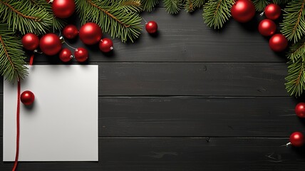 Blank holiday card on wooden table surrounded by festive Christmas decorations including red and gold ornaments, pine branches, and gingerbread cookies