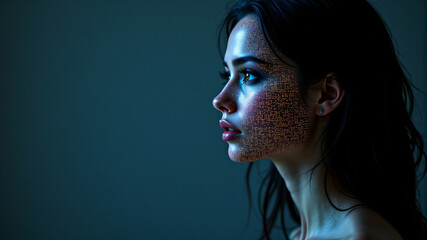 A captivating portrait of a woman featuring intricate patterned details and striking blue illumination.