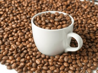 Fototapeta premium Roasted coffee beans overflowing a pristine white cup, beans,still life,latte