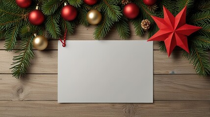Blank holiday card on wooden table surrounded by festive Christmas decorations including red and gold ornaments, pine branches, and gingerbread cookies