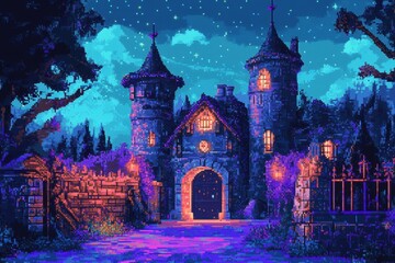 Nighttime Pixel Art Castle Entrance Scene