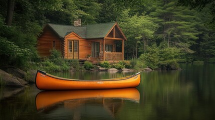 Obraz premium Secluded Log Cabin Beside Calm Lake With Canoe