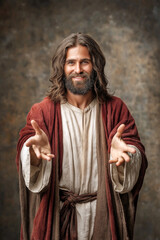 Naklejka premium Smiling person depicting Jesus, with outstretched arms welcoming people from all walks of life, promoting love and acceptance