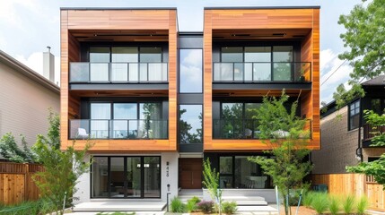 Fototapeta premium A modern duplex house, featuring two distinct units with clean and stylish architecture,