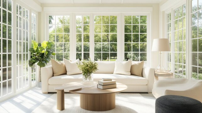 Minimalist modern sunroom with clean, elegant design. Featuring neutral tones and sleek furniture