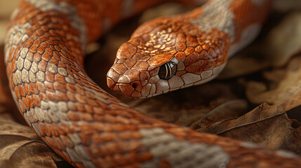 A close-up of a beautifully patterned orange and gray snake resting on dried leaves, showcasing its striking scales and alert expression.