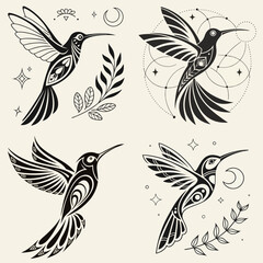 Elegant Hummingbird Illustrations with Decorative Tribal and Geometric Patterns in Black and White