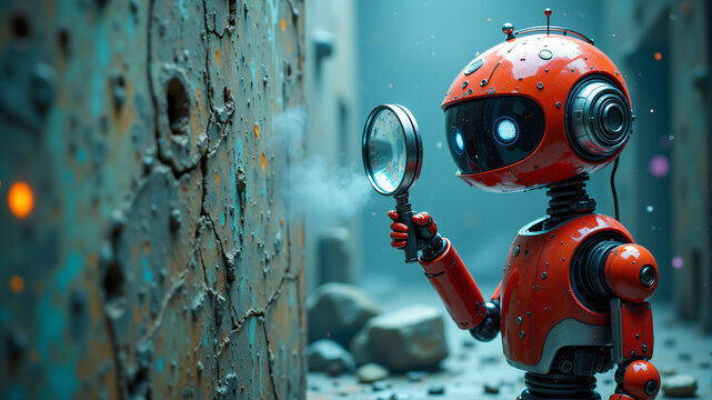 A charming red robot explores a mysterious alley with a magnifying glass, showcasing curiosity.