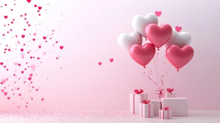 Verduisterende gordijnen Playful design with heart-shaped balloons tied with loops, scattered gift boxes, and glowing confetti over a white-to-pink ombre background. © WITTAYA  ANGMUJCHA