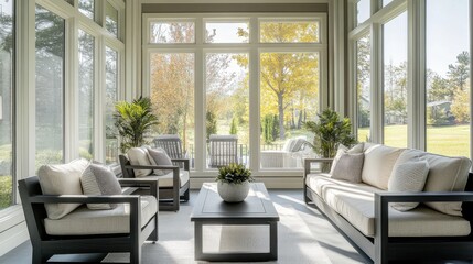 Minimalist modern sunroom with clean, stylish design. Featuring neutral tones and sleek furnishings