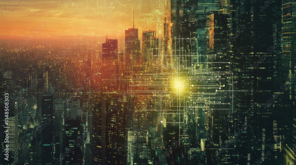 Poster city skyline illuminated at sunset integrates digital neural network technology representing ai adva