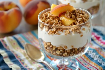 Delicious yogurt parfait with peach slices and crunchy granola for breakfast