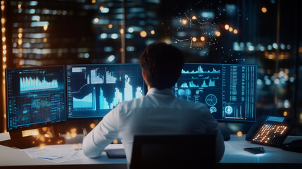 A business analyst in a modern office, meticulously reviewing a financial report with spreadsheets, charts, and graphs on a dual-monitor setup. Next to them, investment portfolios