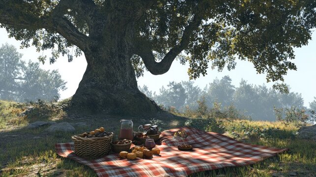 A Rustic Picnic Underneath A Large Forest Tree