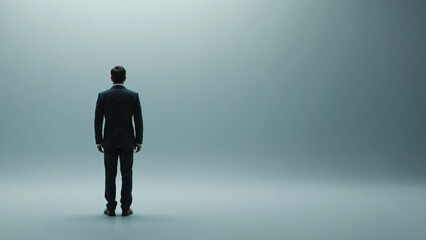 Fototapeta premium A professional man in a suit stands alone, facing a minimalistic gray background.